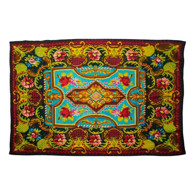 Vintage Romanian Handwoven Wool Kilim Rug with Floral Folk Pattern, 1970s For Sale