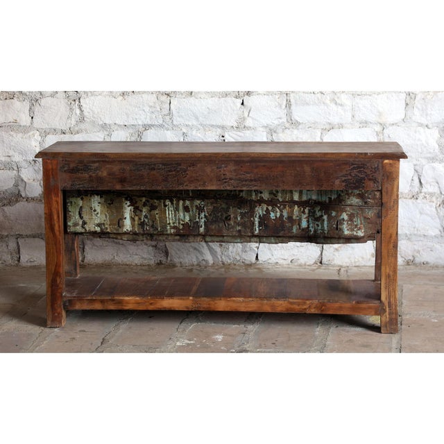 1920s Vintage Ornate Carved Wood Console Table With Iron Stud Accents – Statement Entryway Piece 52 For Sale - Image 5 of 6
