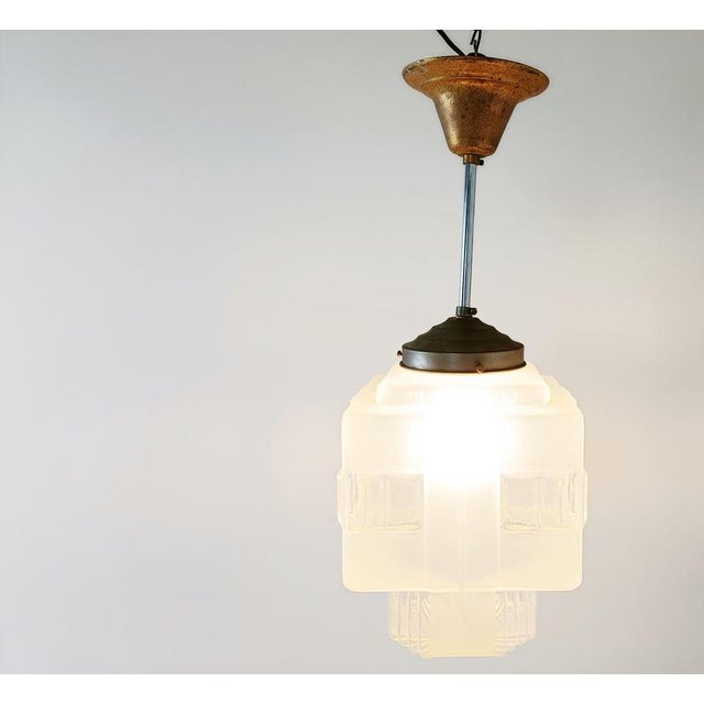 Metal Vintage Art Deco Pendant Light in Glass, 1930s For Sale - Image 7 of 9