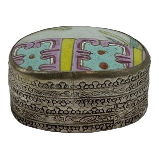 1960s Vintage Chinese Hand Painted Figure Porcelain Chard Embossed Silver Trinket Box For Sale