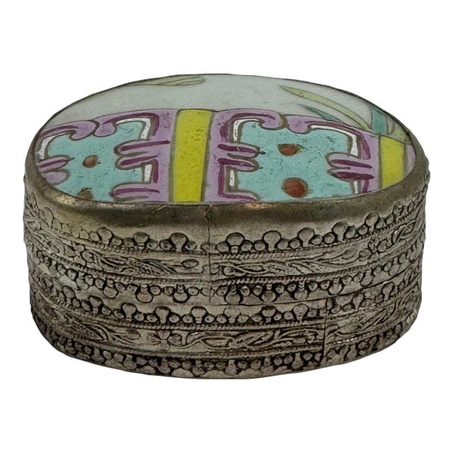 1960s Vintage Chinese Hand Painted Figure Porcelain Chard Embossed Silver Trinket Box For Sale
