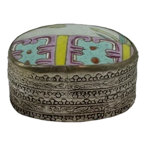 1960s Vintage Chinese Hand Painted Figure Porcelain Chard Embossed Silver Trinket Box