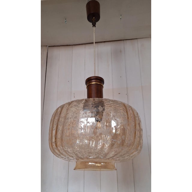 Vintage Ceiling Lamp with Amber-Tinted Glass Shade on Mahogany and Brass Mount, 1980s For Sale - Image 6 of 7