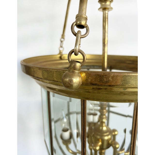 Late 20th Century Brass and Beveled Glass Lantern Pendant Light Fixture, 5 Chandelier Bulbs For Sale In Miami - Image 6 of 9