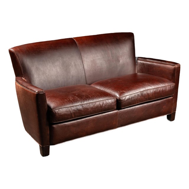 Mid-Century Brown Leather Two-Seat Sofa With Low Profile Frame For Sale