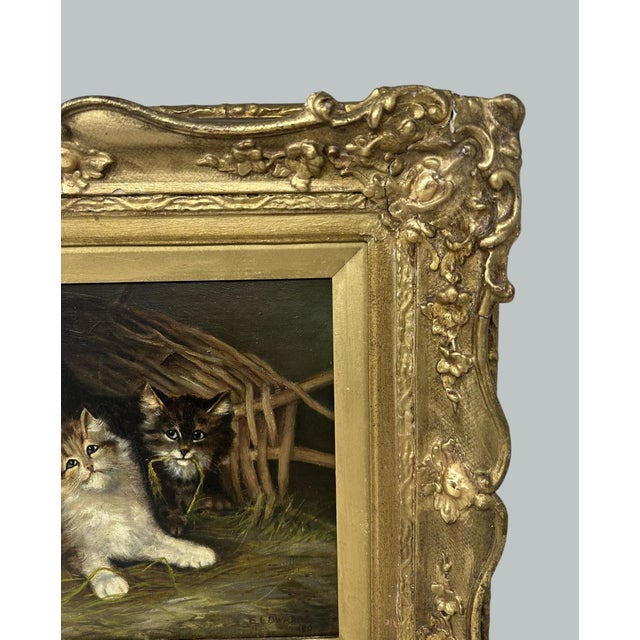 Traditional Antique English Edwardian Oil Painting on Canvas Cats Kittens at Play Dated 1907 For Sale - Image 3 of 8