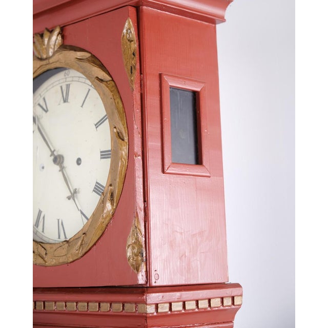 Wood Red Painted Bornholm Longcase Clock with Carved Details, 1820s For Sale - Image 7 of 15