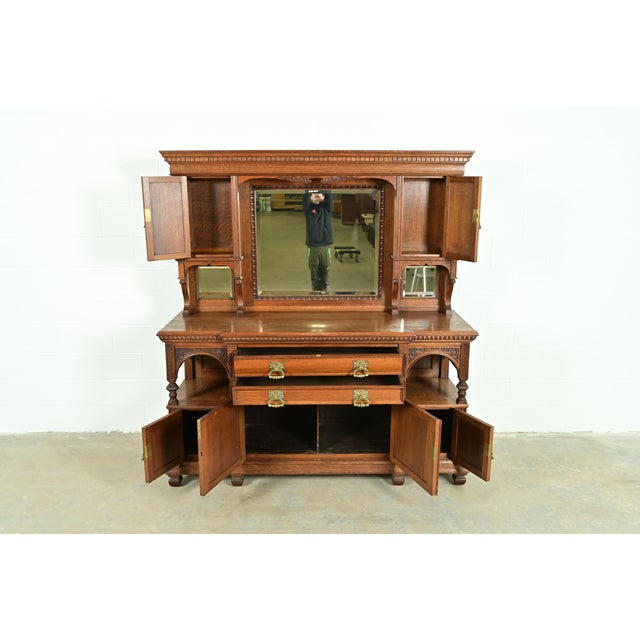 Herter Brothers Herter Brothers Style Antique English Victorian Carved Oak Mirrored Back Bar or Sideboard, Circa 1890s For Sale - Image 4 of 12