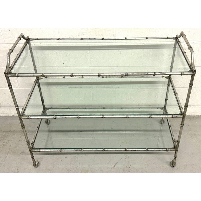 Large 3-Tiered Maison Jansen Faux Bois Silver-Leaf Trolley/ Bar Cart For Sale - Image 16 of 18