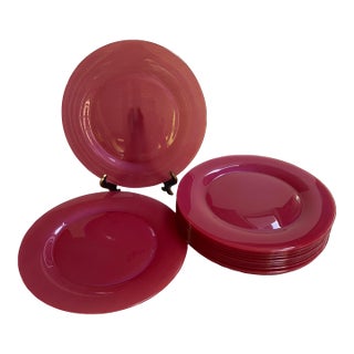 Mid-Century Modern French Arcoroc Raspberry Pink Large Glass Dinner Plates- Set of 12 For Sale