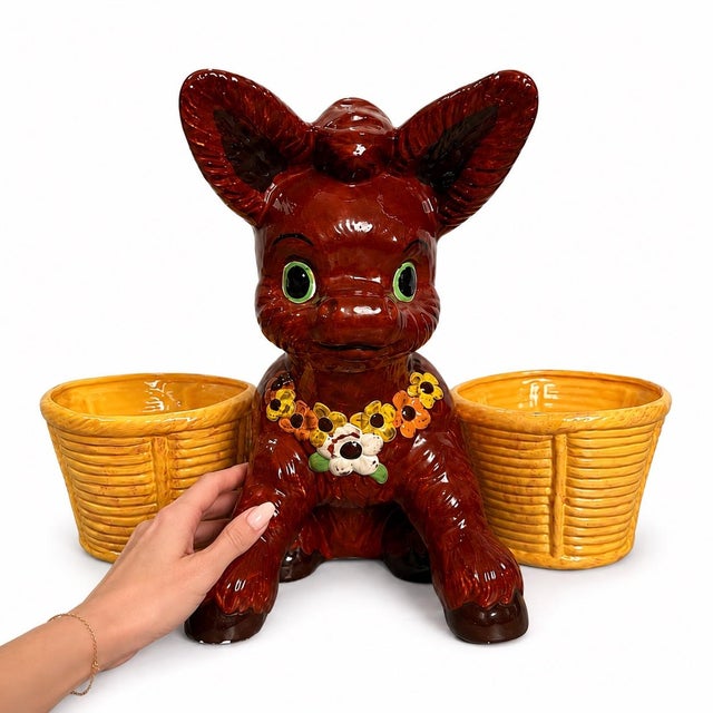 Auburn Vintage Mid-Century Ceramic Donkey Double Planter With Basket Planters For Sale - Image 8 of 8