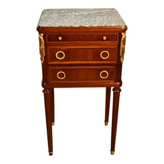 1900 Antique French Louis XVI Walnut & Marble Top Nightstand / Bedside Table For Sale
