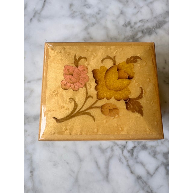 Midcentury Italian marquetry wood inlay music box, that plays the traditional English folk song “Greensleeves" (or "What...