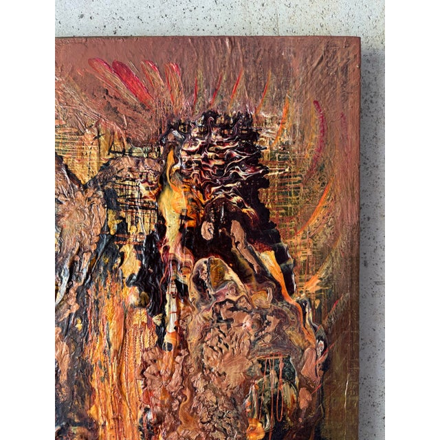 Vintage Signed Brutalist Abstract Oil Painting on Faux Ostrich Canvas, 1970s For Sale - Image 4 of 10