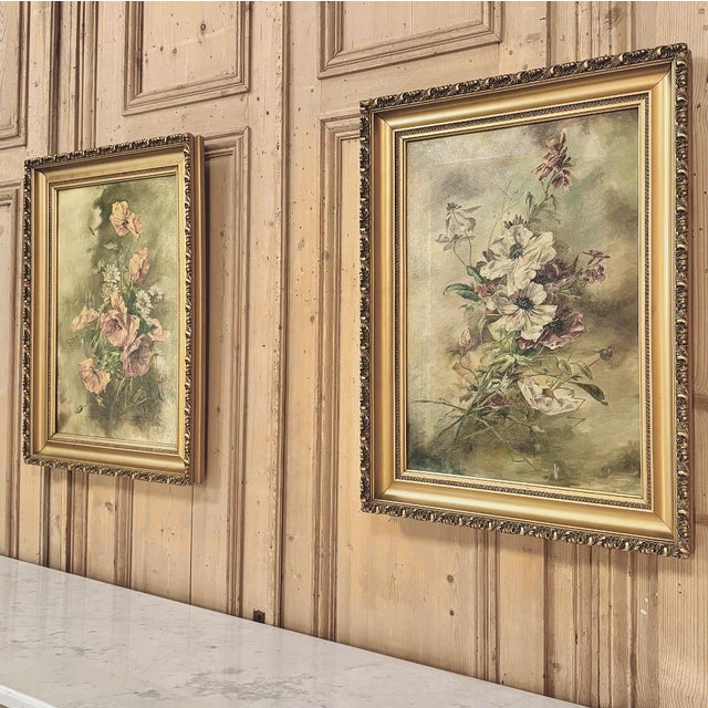 Bronze Pair of Antique French Framed Oils on Canvas by J. Peerlinck, Dated 1921 For Sale - Image 8 of 18