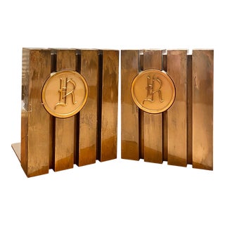Monogrammed "R" Architectural Brass Bookends, a Pair For Sale