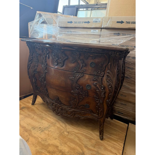 Rococo Antique Carved Bombe Chest – Ornate Rococo‑Style Dresser With Curved Front & Floral Relief For Sale - Image 3 of 12