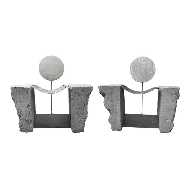 20th century Brutalist concrete and metal chairs. Suitable for outdoor use. Two chairs available. Each chair is unique but...
