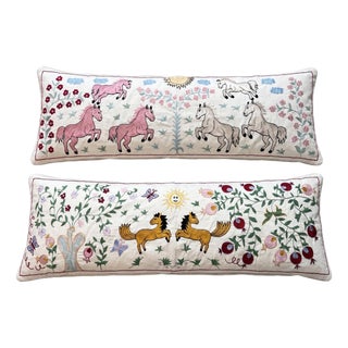 White Horse Suzani Lumbar Pillow Cover 18'' X 53'' - Set of Two For Sale
