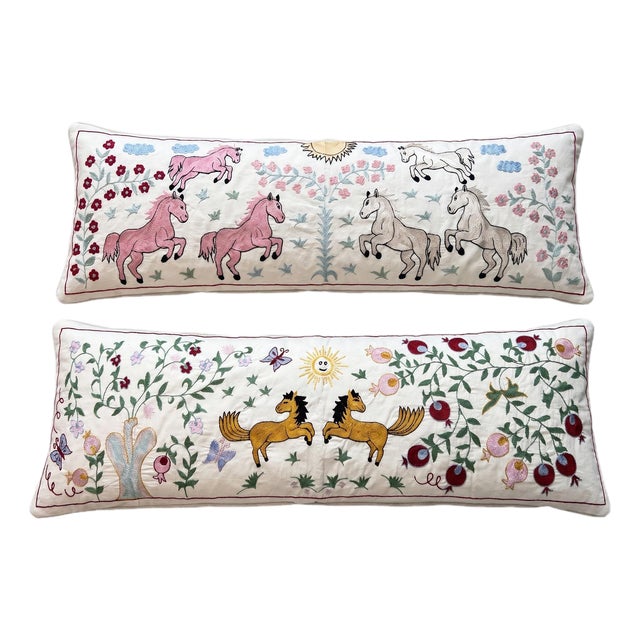 White Horse Suzani Lumbar Pillow Cover 18'' X 53'' - Set of Two For Sale