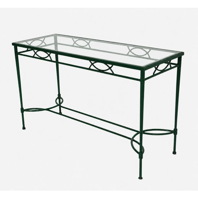 1980s Attributed to Mario Papperzini for Janus Et Cie Green Iron and Glass Console Table For Sale - Image 10 of 18