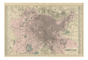 Victorian Birmingham City Plan Map by Edward Weller, 1885