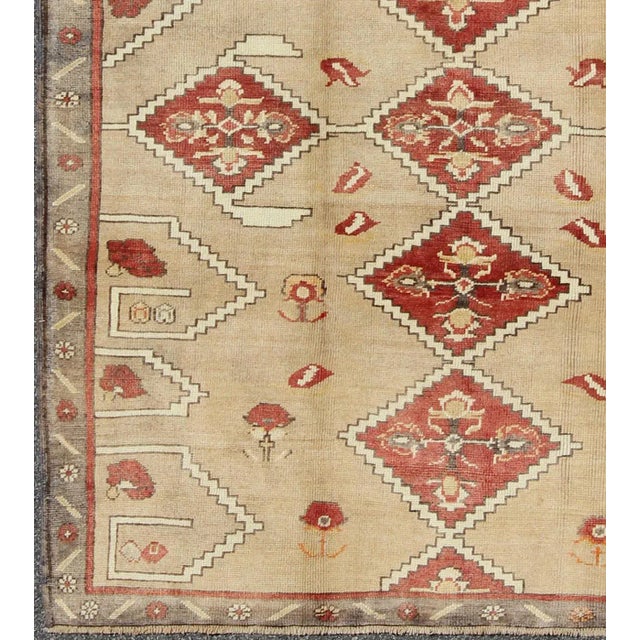 Vintage Turkish Oushak Rug With Bold Diamond Medallions in Red and Beige For Sale - Image 4 of 9