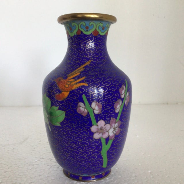 Chinese Blue Cloisonné Vases Decorated in Traditional Chinese Wealth Flowers - A Pair For Sale - Image 3 of 13