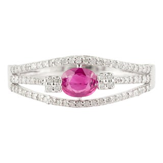 Natural Ruby & Diamond Split Shank Bypass Ring Size 6 in 14k White Gold For Sale