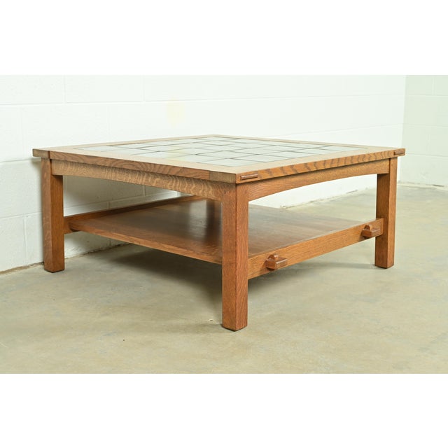 Stickley Mission Oak Arts & Crafts Two-Tier Tile Top Coffee Table or Cocktail Table For Sale In South Bend - Image 6 of 13