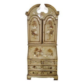 Vintage Mid-Century Spanish Chinoiserie Secretary Desk - Hand-Painted 2-Piece Cabinet For Sale