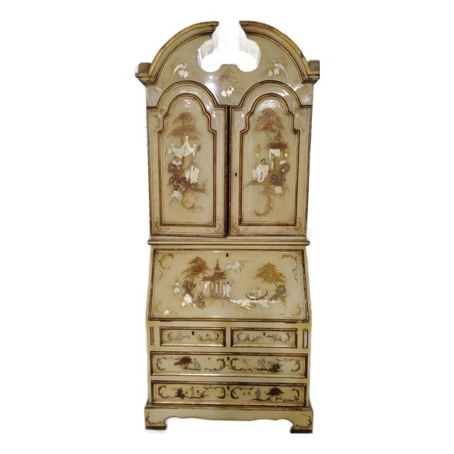 Vintage Mid-Century Spanish Chinoiserie Secretary Desk - Hand-Painted 2-Piece Cabinet For Sale
