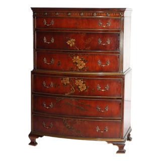 Floral Painted Chinese Chippendale Mahogany Six Drawer Highboy Chest C1920 For Sale