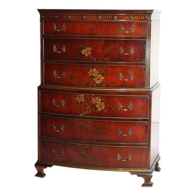 Floral Painted Chinese Chippendale Mahogany Six Drawer Highboy Chest C1920 For Sale