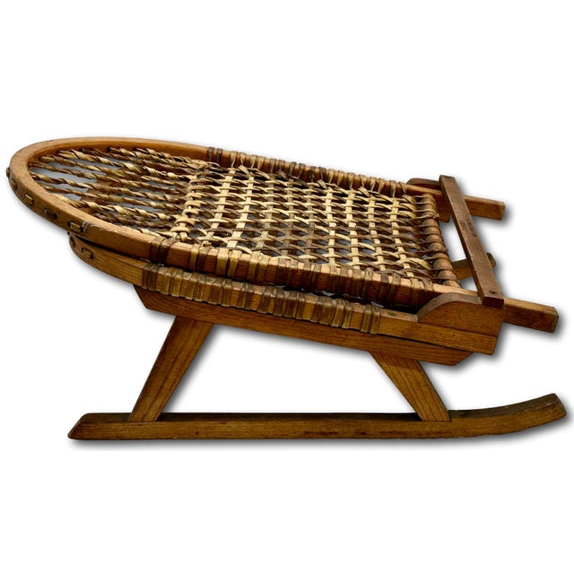 Vintage Tubbs Vermont Made "Snow Shoe" Style Stream Bent Ash Wood & Hand Woven Hide Canoe & Camping Folding Chair For Sale - Image 15 of 18