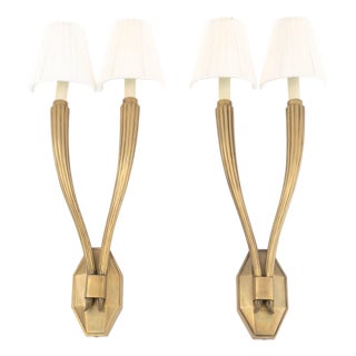 Art Deco Style Brass 2-Branch Wall Sconces, Pair For Sale
