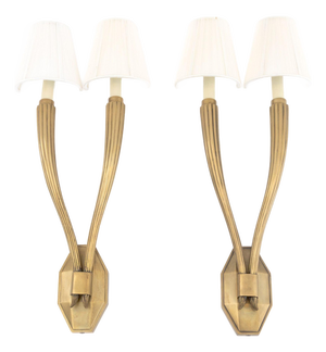 Art Deco Style Brass 2-Branch Wall Sconces, Pair