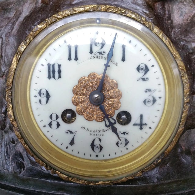 Brown Antique French Spelter Neptune Clock and Vases by L & F Moreau, Set of 3 For Sale - Image 8 of 18