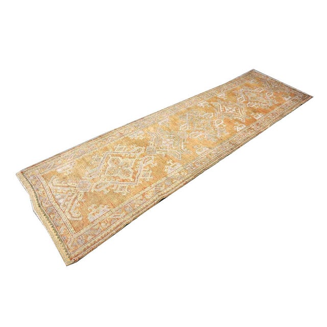 Condition: Antique Circa: 1920s Origin: Turkey Design: Oushak Actual size: 3'0"X11'0" Thickness: 1/8" - 1/4" Colors:...