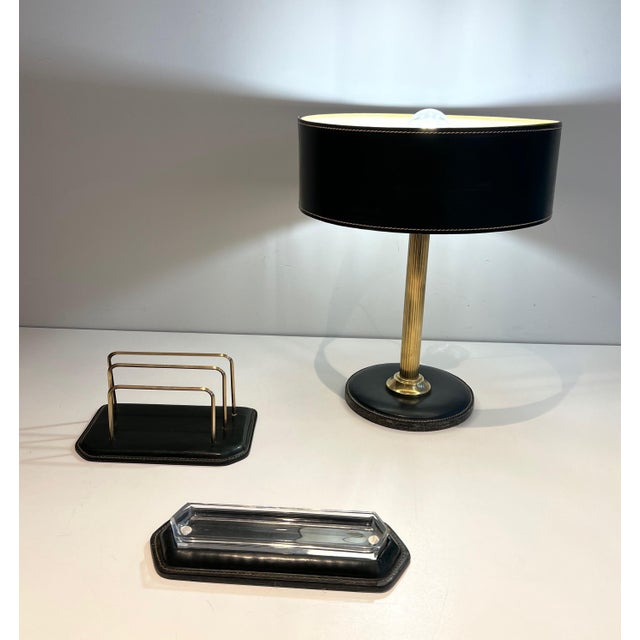 Jacques Adnet Cellar quilted leather desk set. French works in the style of Jacques Adnet. For Sale - Image 4 of 12