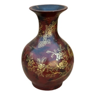 Chinese Brown Lacquer Golden Scenery Decorative Wood Vase Art For Sale