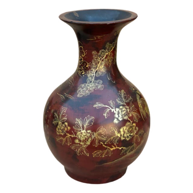 Chinese Brown Lacquer Golden Scenery Decorative Wood Vase Art For Sale