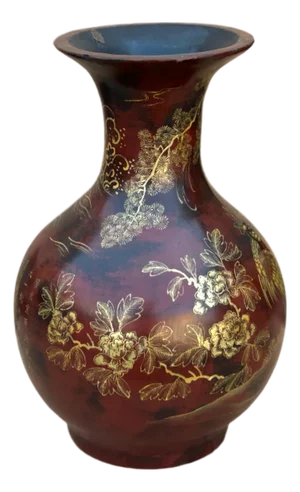 Chinese Brown Lacquer Golden Scenery Decorative Wood Vase Art