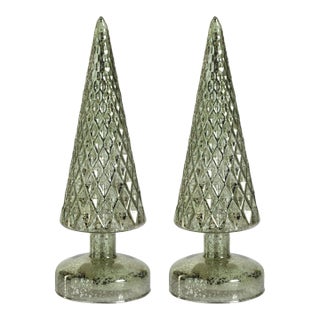 Chira 10.75" Light Green LED Glass Holiday Tabletop Trees, Set of 2 For Sale