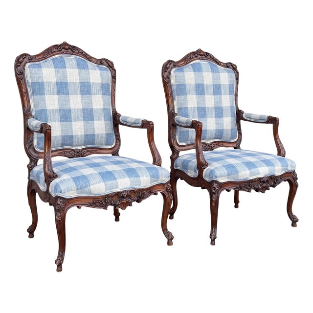 Antique French Louis XV Style Walnut Bergere Chairs in Blue & White - Pair For Sale