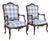 Antique French Louis XV Style Walnut Bergere Chairs in Blue & White - Pair For Sale