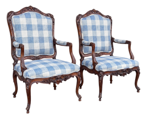Antique French Louis XV Style Walnut Bergere Chairs in Blue & White - Pair