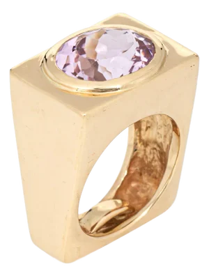 1970s Kunzite Square Ring Sz 6.5 Heavy Band Vintage 14k Yellow Gold Fine Jewelry