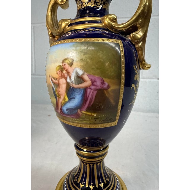 Antique Hand Painted Royal Vienna Porcelain Cobalt Gold Lidded Vase Mini Urn For Sale - Image 11 of 16