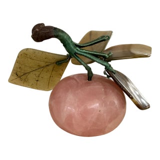 Vintage Petite Rose Quartz Plum With Jade Leaves For Sale